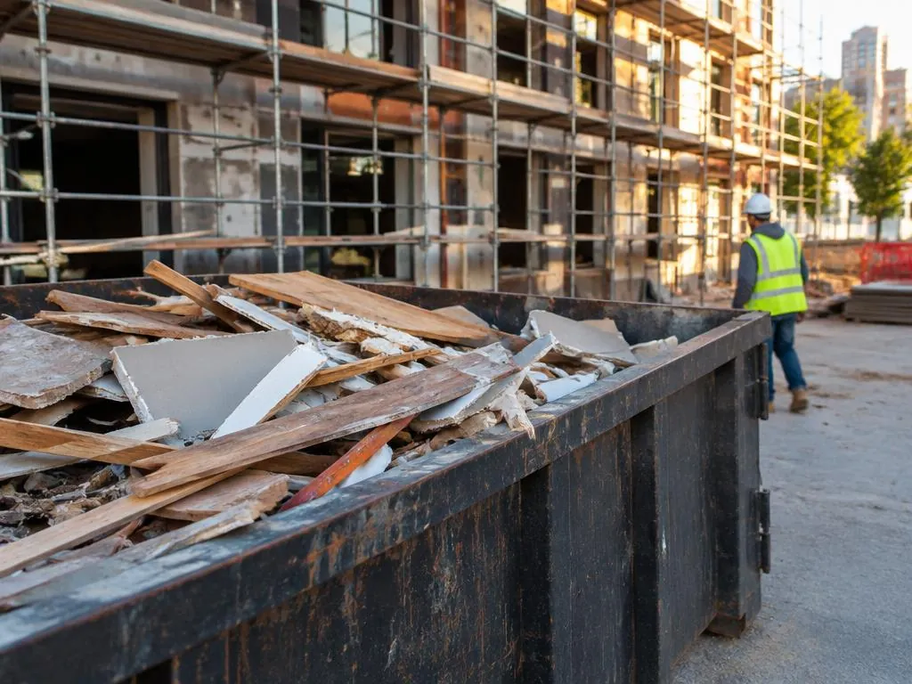 Roll-off dumpster filled with wood and drywall debris at a commercial renovation site