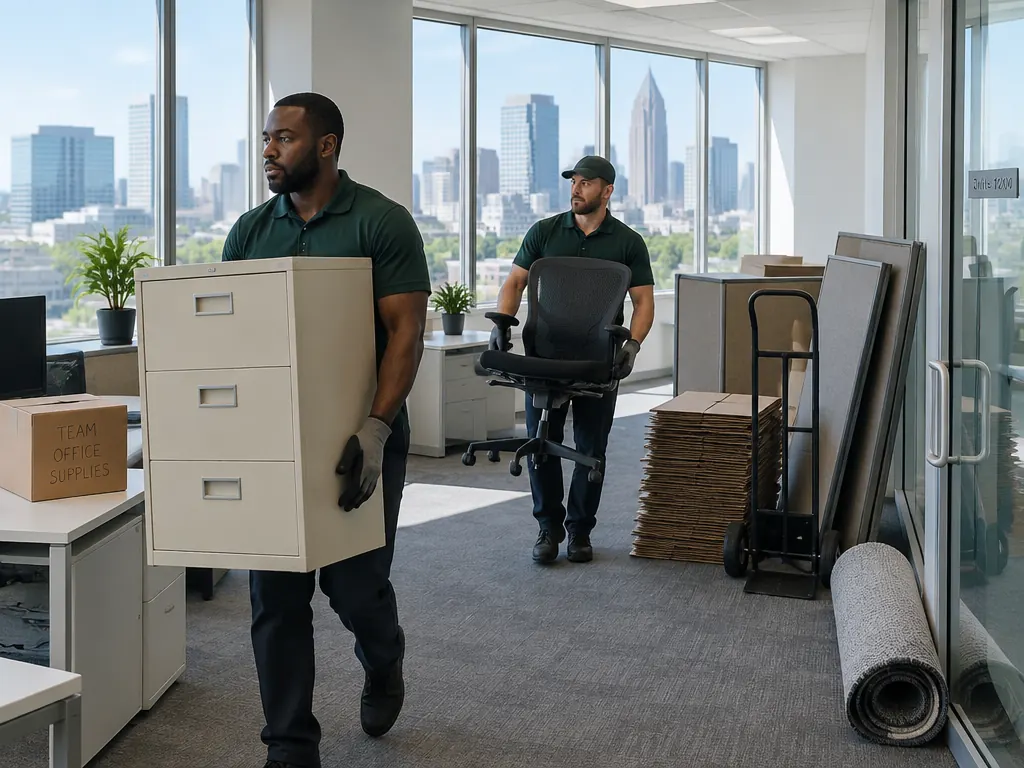 EcoClear crew removing an office chair, filing cabinet, and cardboard boxes during a commercial office cleanout in Atlanta
