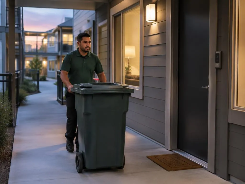 Uniformed valet trash crew member rolling a waste bin at a multifamily apartment community
