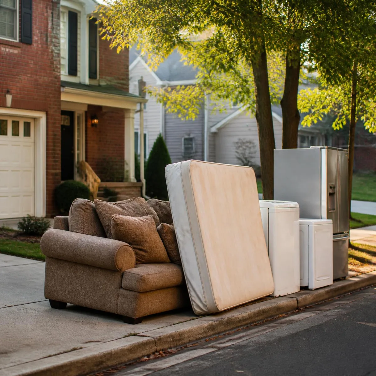 Used sofa, mattress, and appliances set out at the curb of an Atlanta home for junk removal pickup