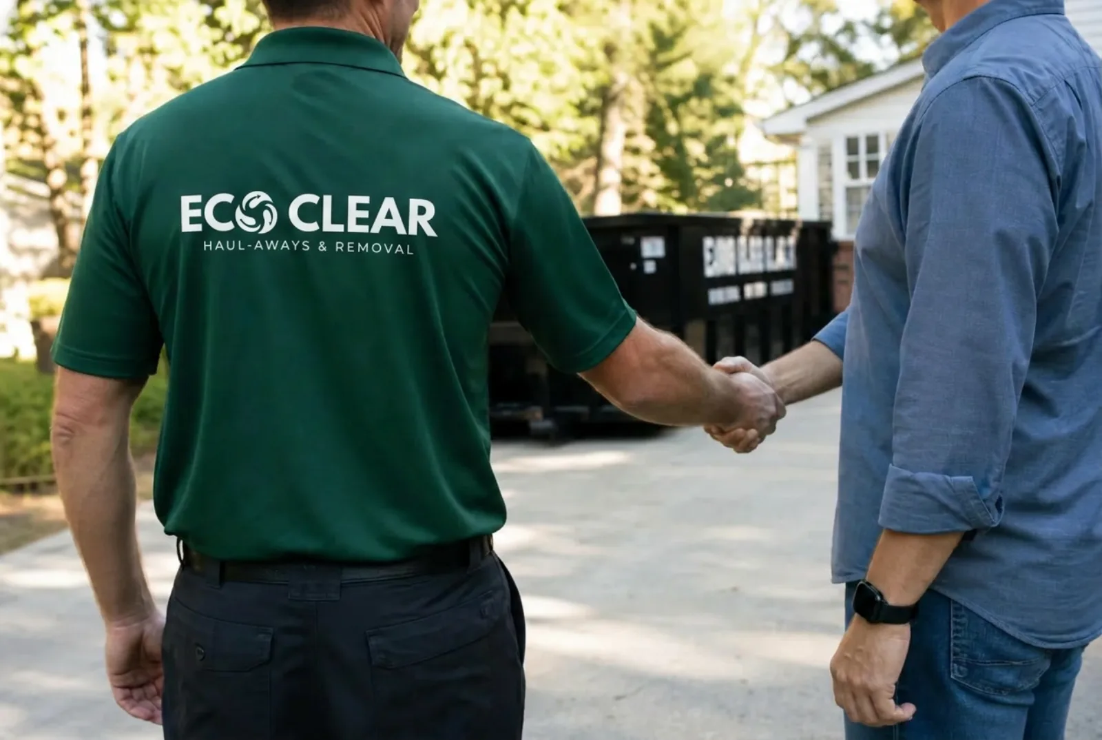 EcoClear crew member loading a recycling bin into a truck